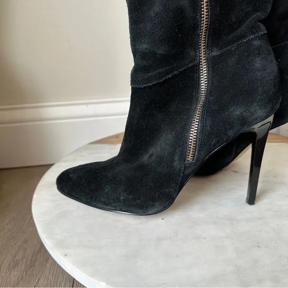 French Connection Molly Suede Tall High Boots Gold Zip Stiletto Heel black boot