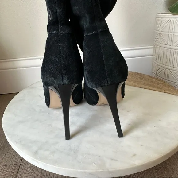 French Connection Molly Suede Tall High Boots Gold Zip Stiletto Heel black boot