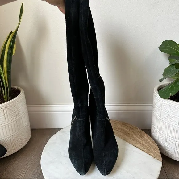 French Connection Molly Suede Tall High Boots Gold Zip Stiletto Heel black boot