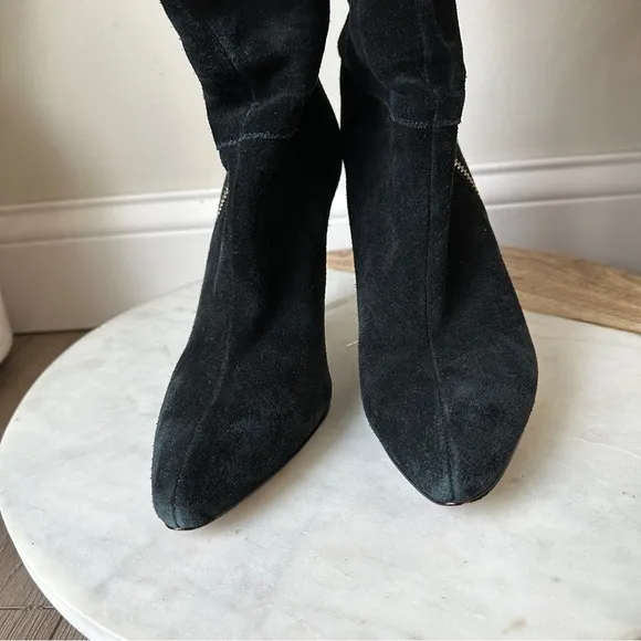French Connection Molly Suede Tall High Boots Gold Zip Stiletto Heel black boot