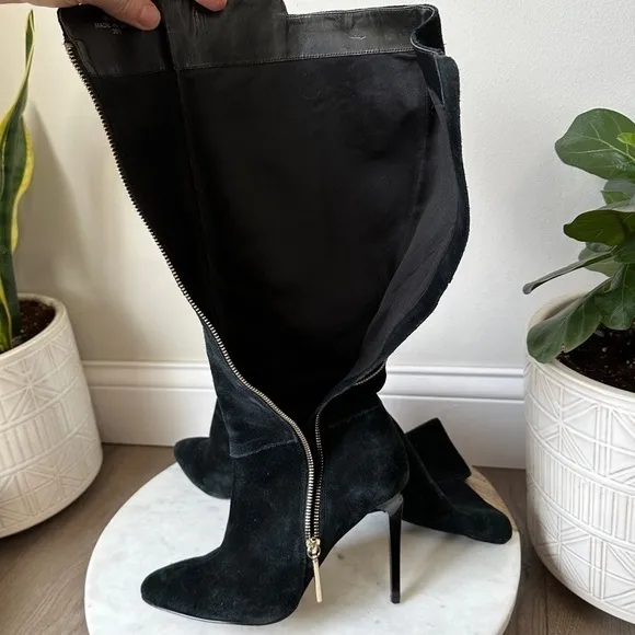 French Connection Molly Suede Tall High Boots Gold Zip Stiletto Heel black boot