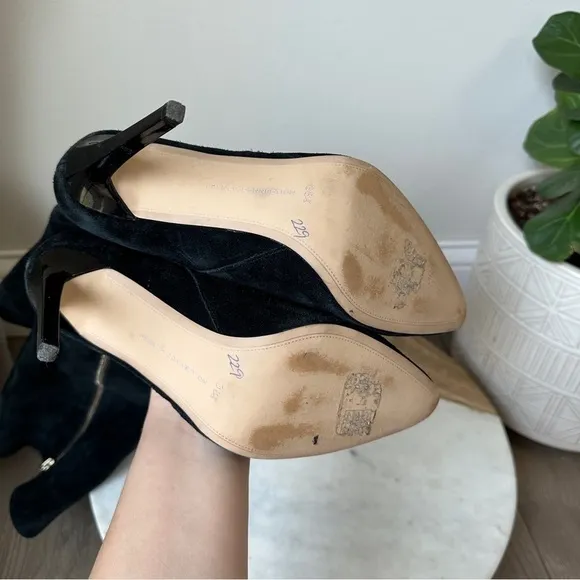 French Connection Molly Suede Tall High Boots Gold Zip Stiletto Heel black boot