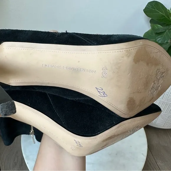 French Connection Molly Suede Tall High Boots Gold Zip Stiletto Heel black boot