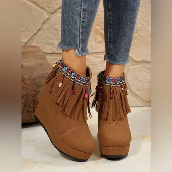 Fringe Suede Wedge Boots