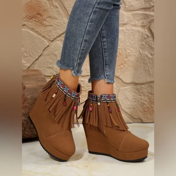 Fringe Suede Wedge Boots