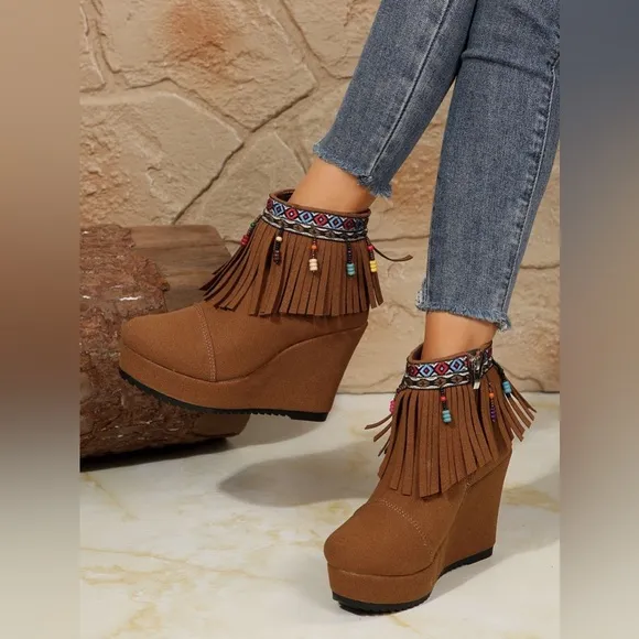 Fringe Suede Wedge Boots