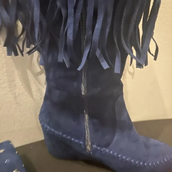 Fringed Blue Suede Boots with Studded Detail