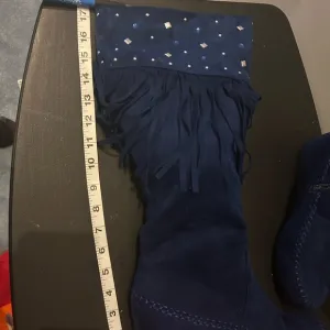 Fringed Blue Suede Boots with Studded Detail
