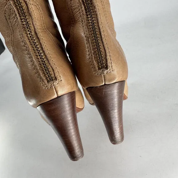Frye 7.5 M Miranda Back Zip Boots Beige Cream Heel Classic 70s Leather Knee High