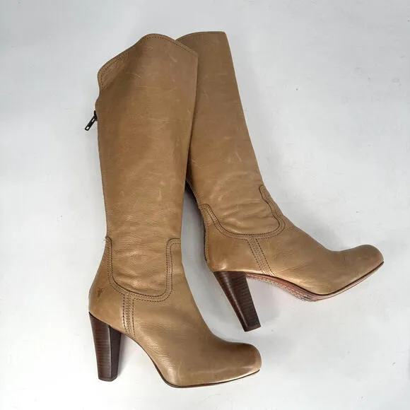 Frye 7.5 M Miranda Back Zip Boots Beige Cream Heel Classic 70s Leather Knee High