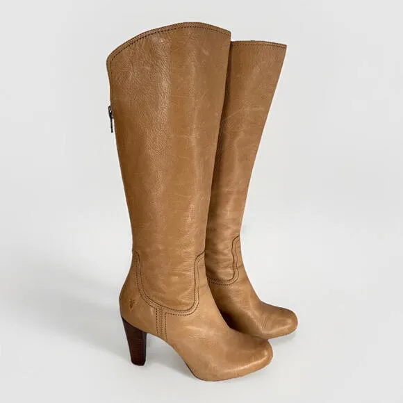 Frye 7.5 M Miranda Back Zip Boots Beige Cream Heel Classic 70s Leather Knee High