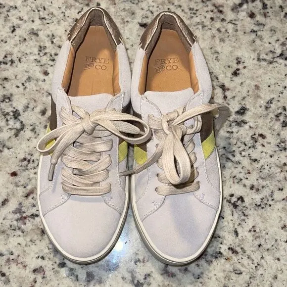 Frye &amp; Co. Hallie Low Suede Casual Sneakers Cream / Gold Women's Size 6