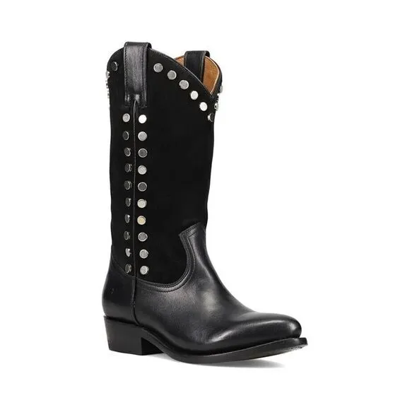 Frye Billy Women Black Stud Block Heel Pointed Toe Pull-on Western Boots ZPO1209