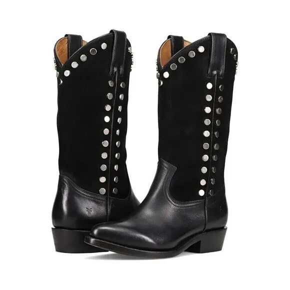 Frye Billy Women Black Stud Block Heel Pointed Toe Pull-on Western Boots ZPO1209