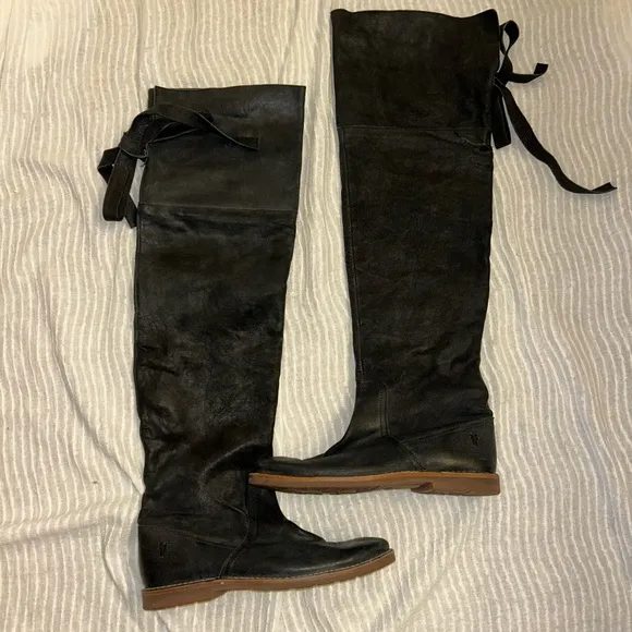Frye Celia Black Leather Over The Knee Boots Size 7 B Bow Tie Tall Boot