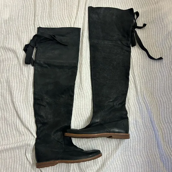 Frye Celia Black Leather Over The Knee Boots Size 7 B Bow Tie Tall Boot