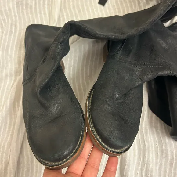 Frye Celia Black Leather Over The Knee Boots Size 7 B Bow Tie Tall Boot