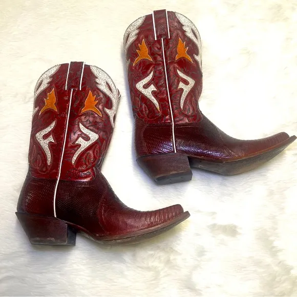 Frye Lily Lizard Leather Womens Cowboy Boots Sz 8.5 Daisy Duke Burgundy Vintage
