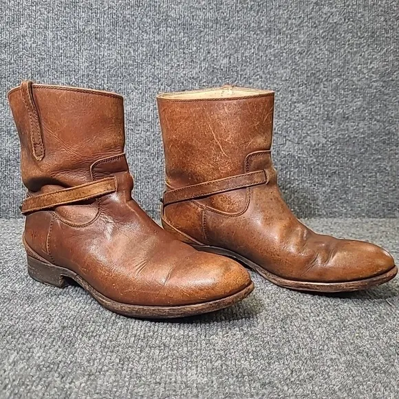Frye Lindsay Plate Short Pull On Strap Boots Womens  6.5 Brown Leather Western