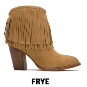 FRYE LLana Beige Suede Fringed Cowboy Western Style Pull On Ankle Boots Sz 7 B