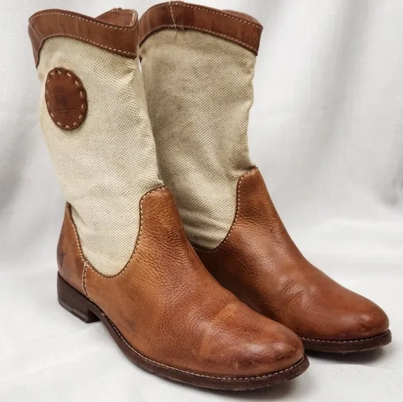 Frye Melissa Pull On Canvas And Brown Leather Boots.
