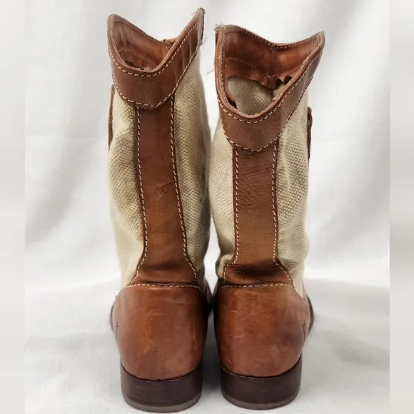 Frye Melissa Pull On Canvas And Brown Leather Boots.