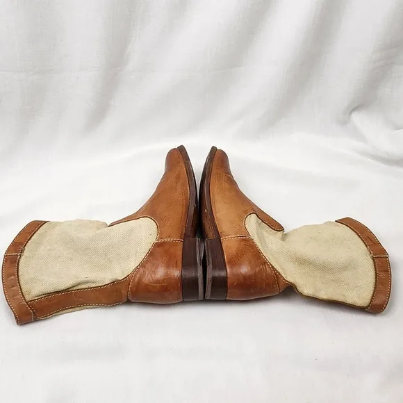 Frye Melissa Pull On Canvas And Brown Leather Boots.