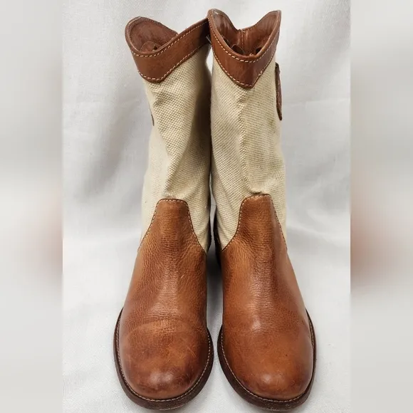 Frye Melissa Pull On Canvas And Brown Leather Boots.