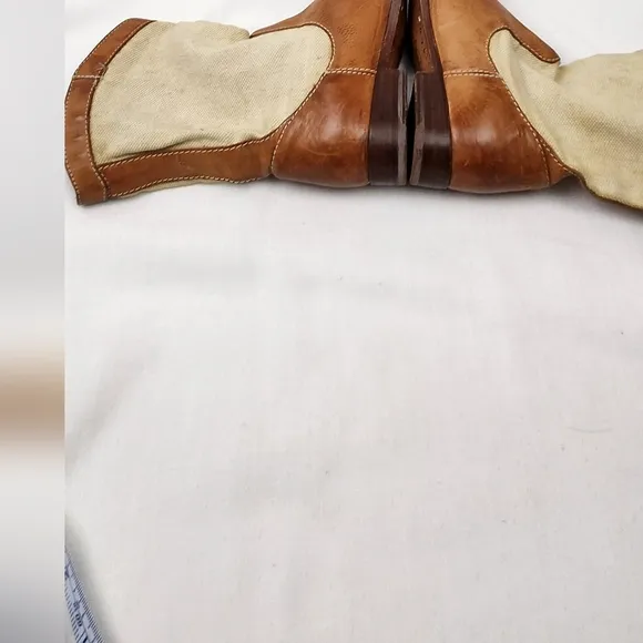 Frye Melissa Pull On Canvas And Brown Leather Boots.