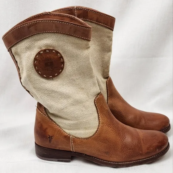Frye Melissa Pull On Canvas And Brown Leather Boots.