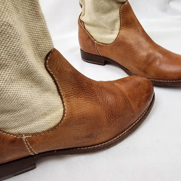 Frye Melissa Pull On Canvas And Brown Leather Boots.