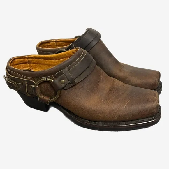 Frye Miles Clogs Mules Brown Leather Belted Harness Motorcycle USA Sz 10