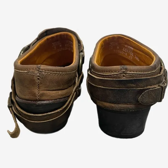 Frye Miles Clogs Mules Brown Leather Belted Harness Motorcycle USA Sz 10