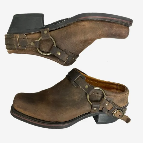 Frye Miles Clogs Mules Brown Leather Belted Harness Motorcycle USA Sz 10
