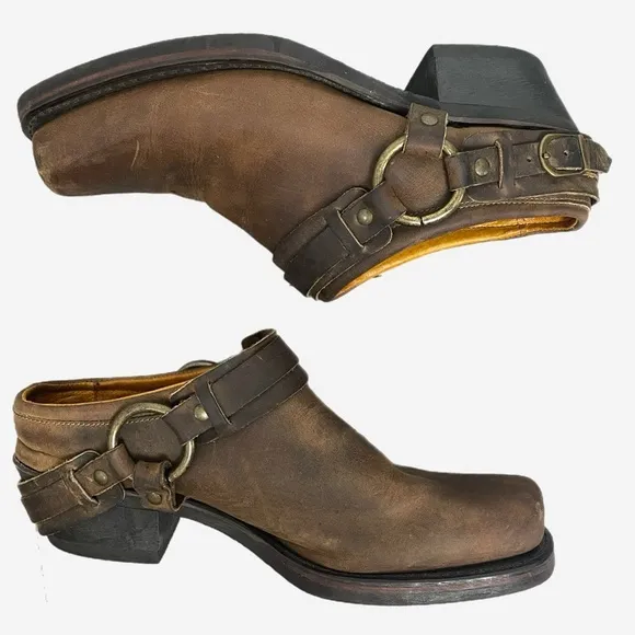Frye Miles Clogs Mules Brown Leather Belted Harness Motorcycle USA Sz 10