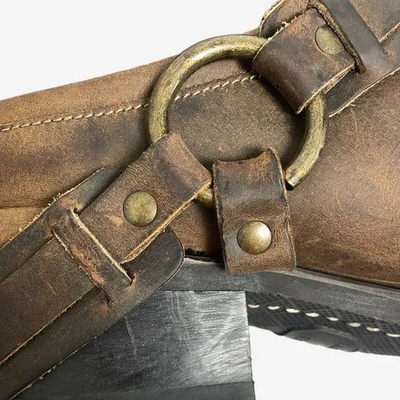 Frye Miles Clogs Mules Brown Leather Belted Harness Motorcycle USA Sz 10