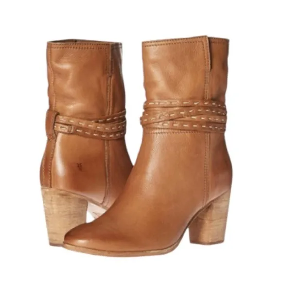 Frye Naomi Pickstitch Mid Boots Leather Whiskey Size 8.5 Women’s