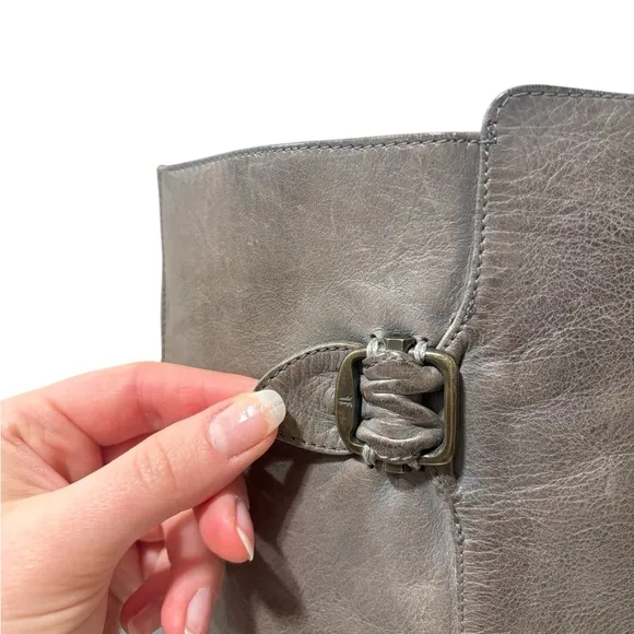 Frye Paige Women’s Grey Distressed Leather Buckle Tall Pull on Boots Size 8.5