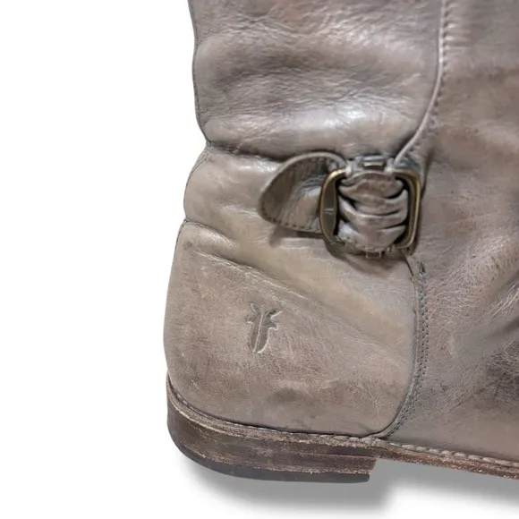 Frye Paige Women’s Grey Distressed Leather Buckle Tall Pull on Boots Size 8.5