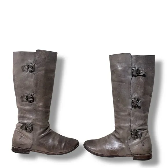 Frye Paige Women’s Grey Distressed Leather Buckle Tall Pull on Boots Size 8.5