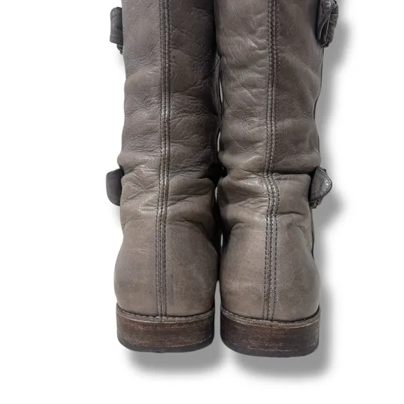 Frye Paige Women’s Grey Distressed Leather Buckle Tall Pull on Boots Size 8.5