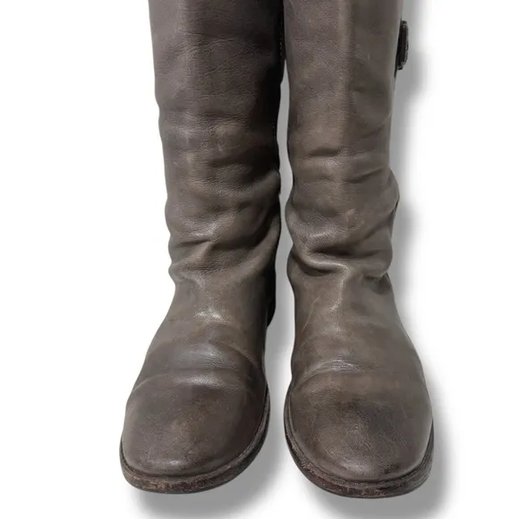 Frye Paige Women’s Grey Distressed Leather Buckle Tall Pull on Boots Size 8.5
