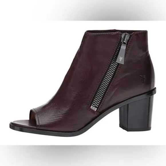 Frye Peep Booties Women's Size 6.5 US Wine Leather Heeled Ankle‎ Boots BRIELLE