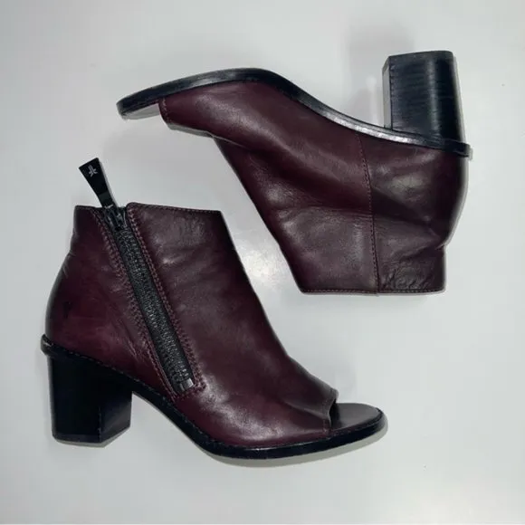 Frye Peep Booties Women's Size 6.5 US Wine Leather Heeled Ankle‎ Boots BRIELLE