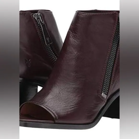 Frye Peep Booties Women's Size 6.5 US Wine Leather Heeled Ankle‎ Boots BRIELLE