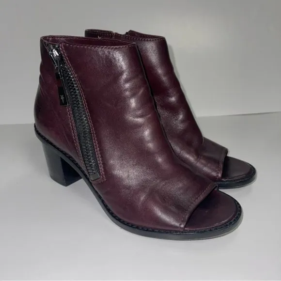 Frye Peep Booties Women's Size 6.5 US Wine Leather Heeled Ankle‎ Boots BRIELLE