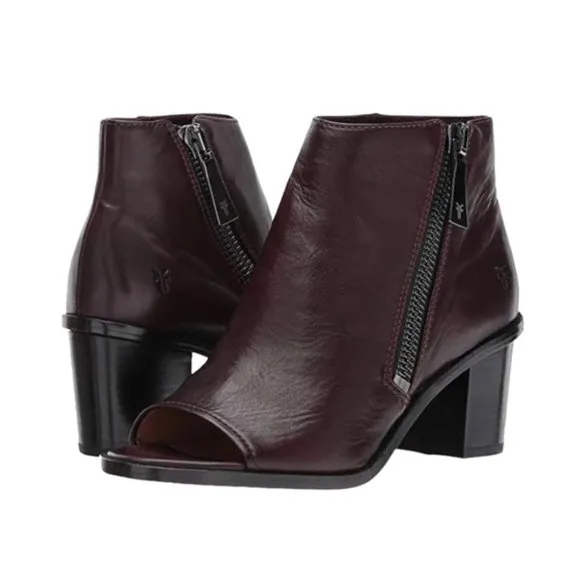 Frye Peep Booties Women's Size 6.5 US Wine Leather Heeled Ankle‎ Boots BRIELLE