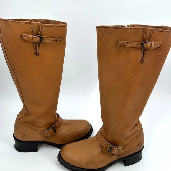 FRYE Tall Riding Boots Womens 9.5 B Tan Leather Style 77555 Zip Moto Western