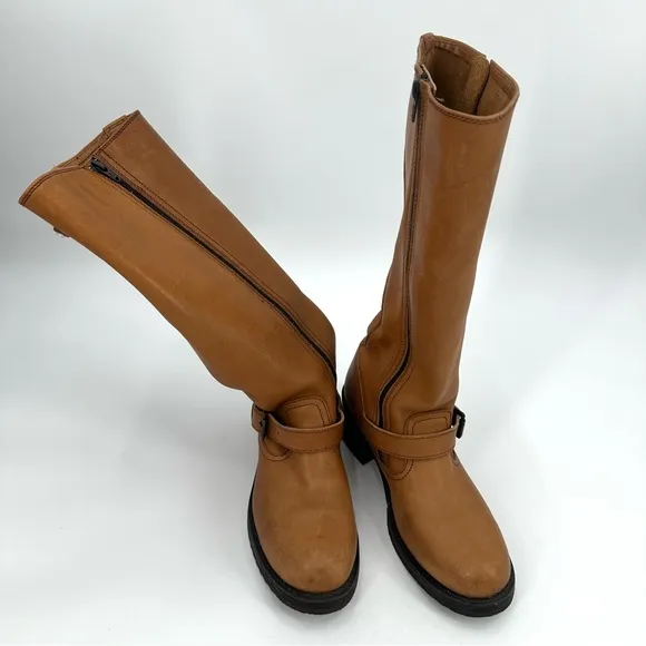 FRYE Tall Riding Boots Womens 9.5 B Tan Leather Style 77555 Zip Moto Western