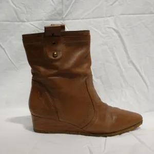 FRYE Tan Leather Low-heeled Wedge Ankle Boots with Rubber Soles, size 8